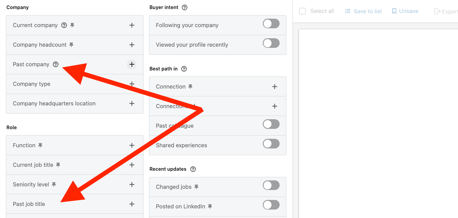 LinkedIn Sales Navigator search filtering by past job title to find hiring managers